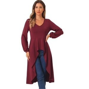 Allegra K Women's Burgundy High-Low  Peplum Blouse
